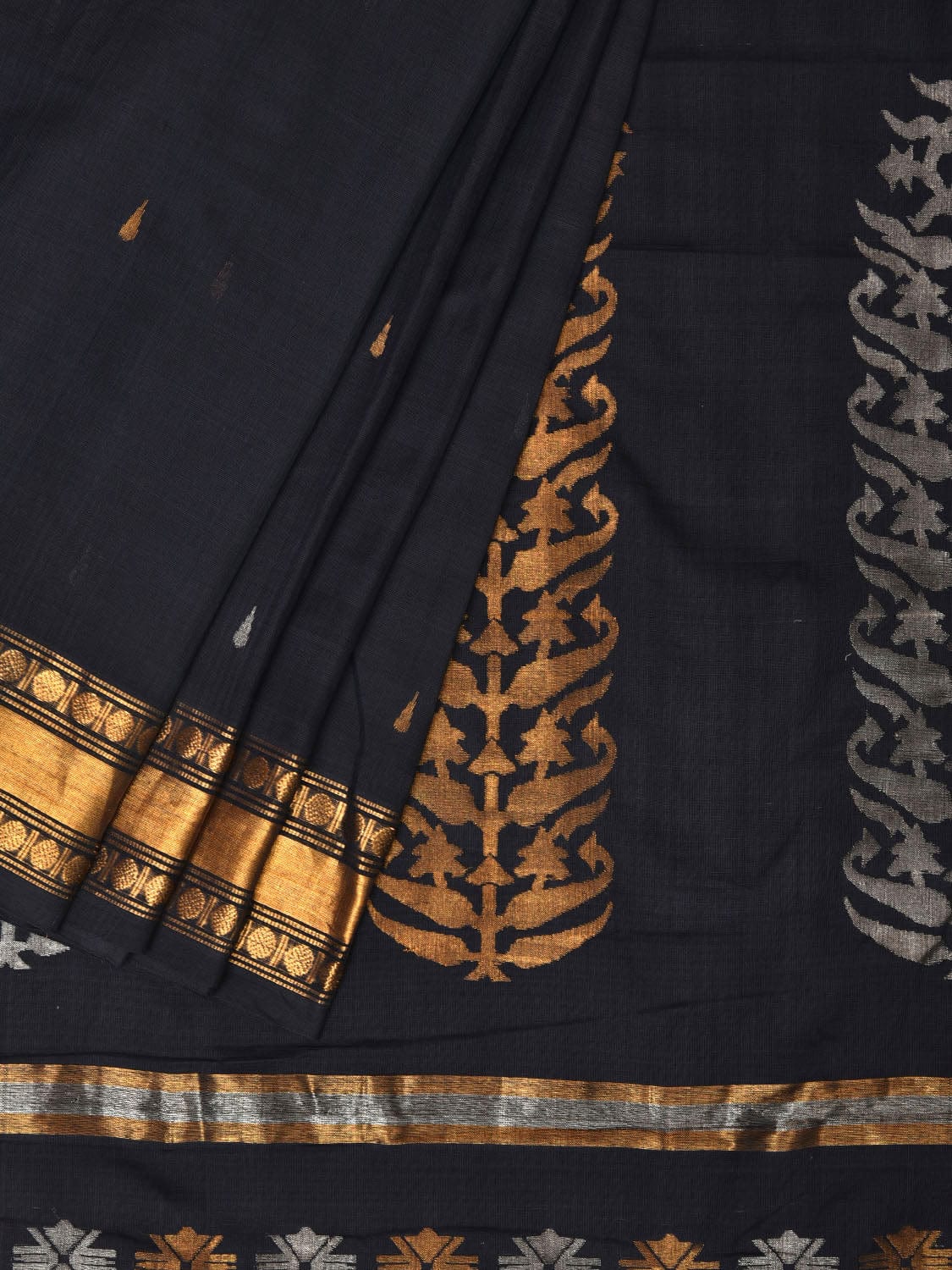 Black Uppada Cotton Handloom Saree with Karpur Pallu Design - Global Threads