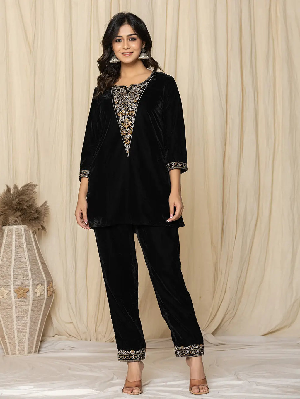 Yufta Black Velvet Embroidered Co-Ord Set
