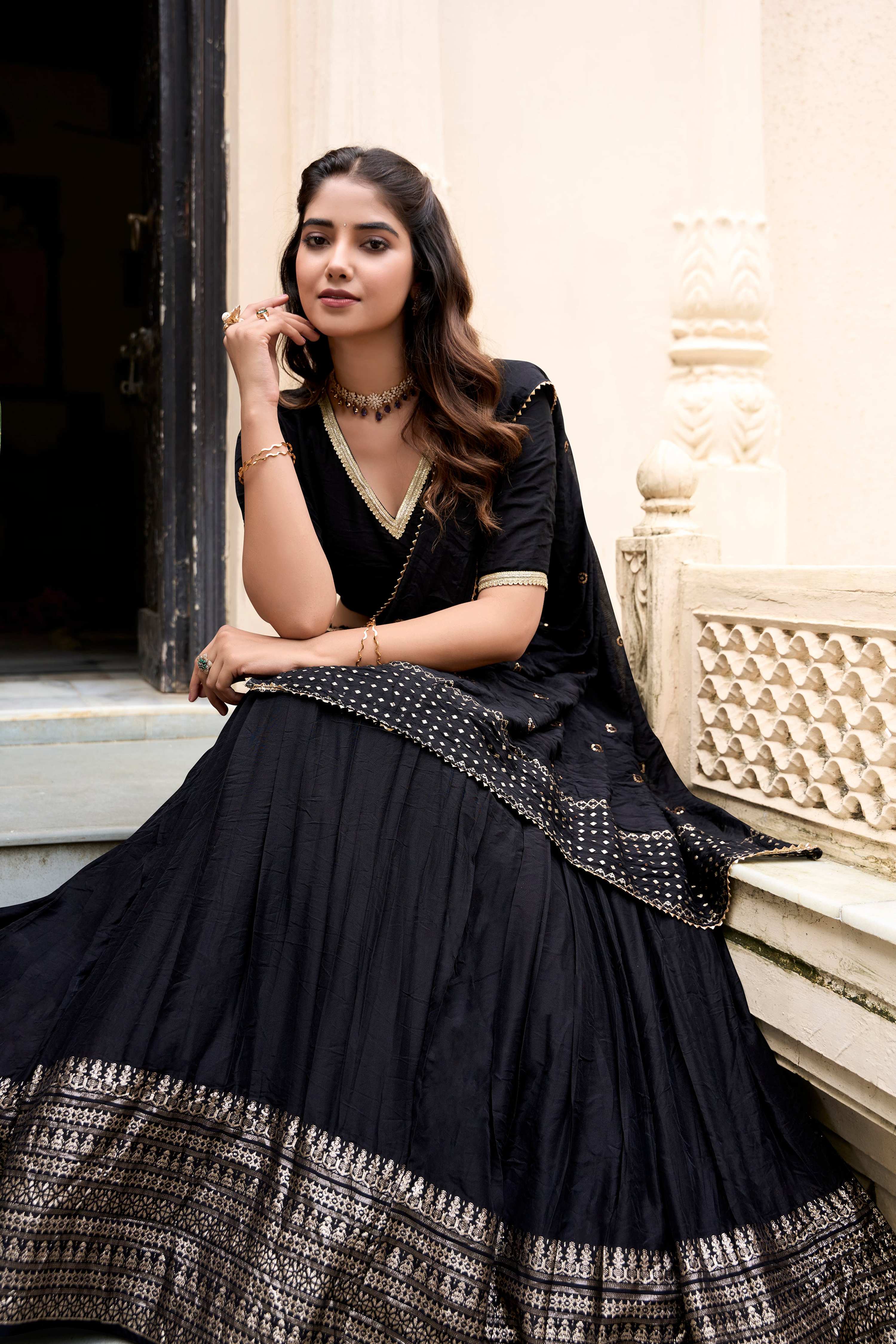 Evanik Women Pure Chanderi Plain With Zari Weaving Work Border Stitched Lehenga With Unstitched Blouse Dupatta(Up to 42)