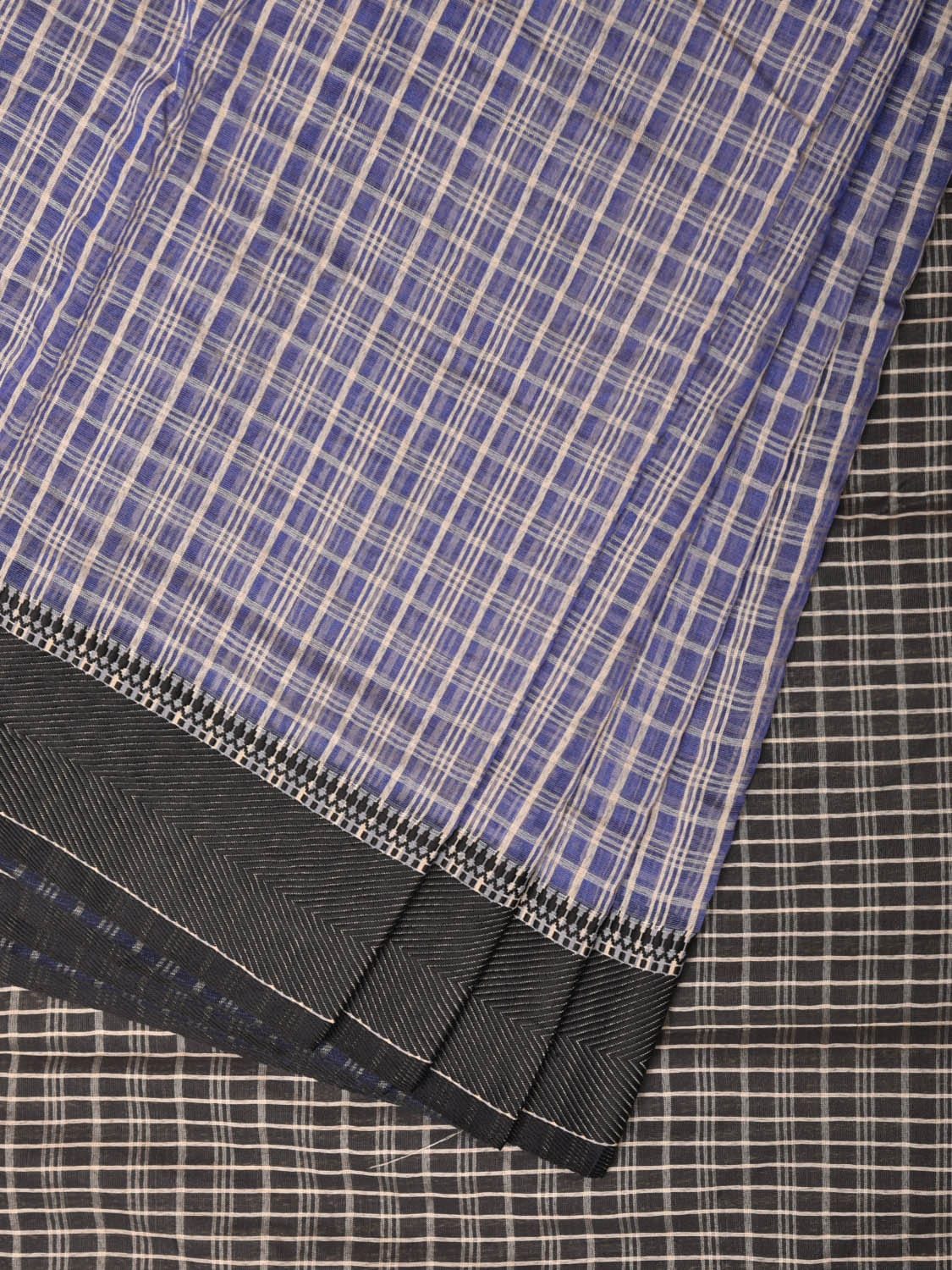 Blue and Black Bamboo Cotton Saree with Checks Design No Blouse - Global Threads