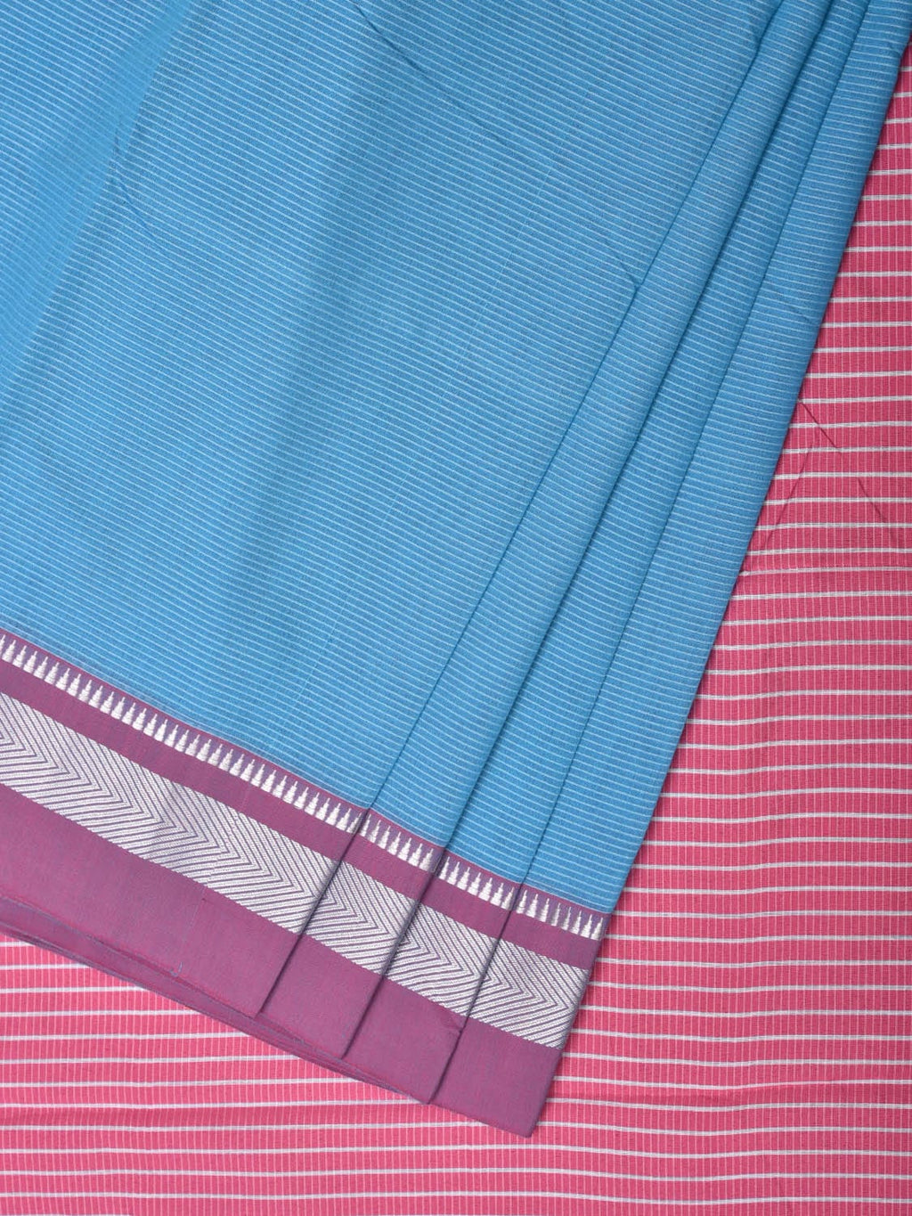 Blue and Pink Bamboo Cotton Saree with Strips Design No Blouse - Global Threads