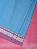 Blue and Pink Bamboo Cotton Saree with Strips Design No Blouse - Global Threads