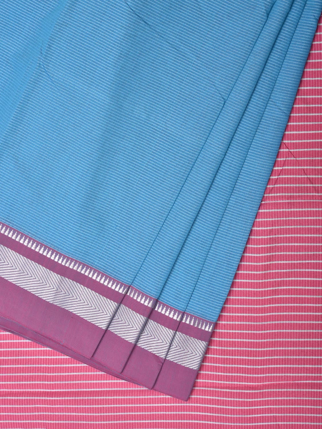 Blue and Pink Bamboo Cotton Saree with Strips Design No Blouse - Global Threads