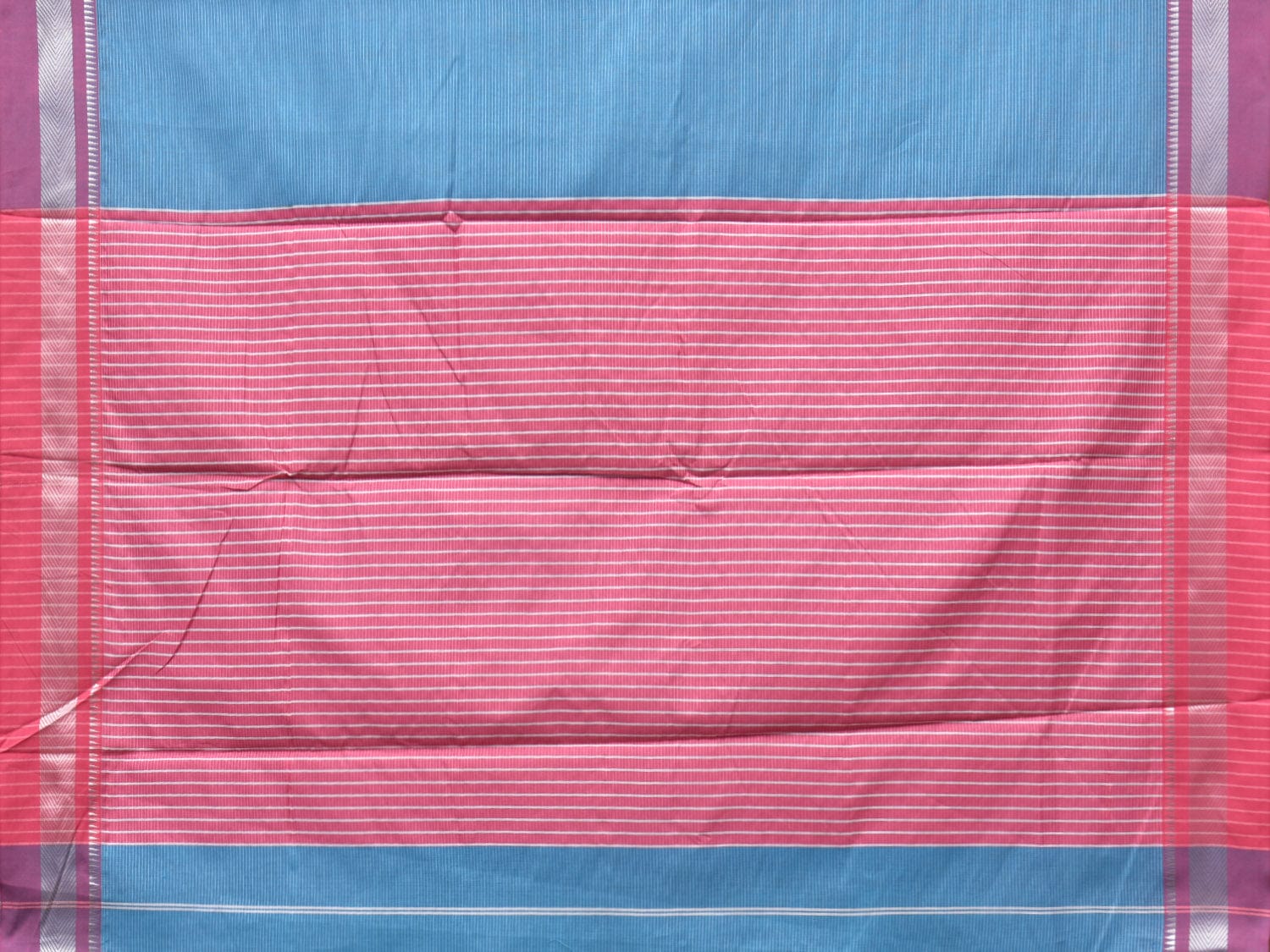 Blue and Pink Bamboo Cotton Saree with Strips Design No Blouse - Global Threads