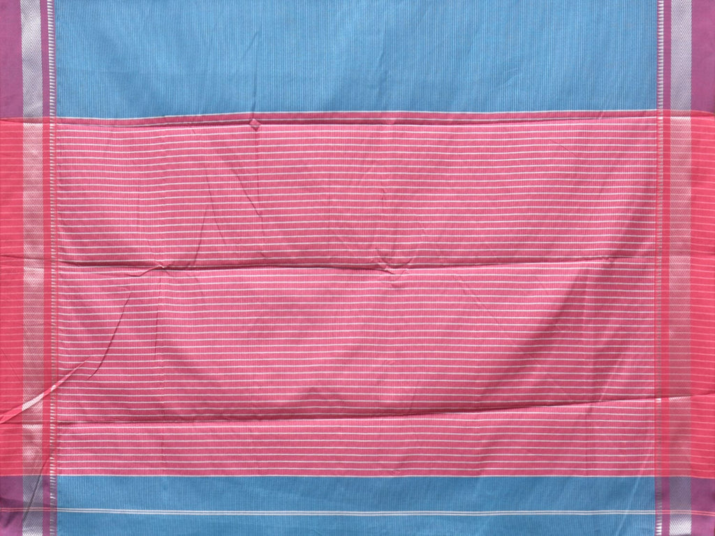 Blue and Pink Bamboo Cotton Saree with Strips Design No Blouse - Global Threads