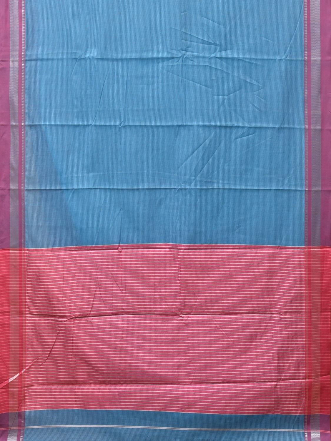 Blue and Pink Bamboo Cotton Saree with Strips Design No Blouse - Global Threads