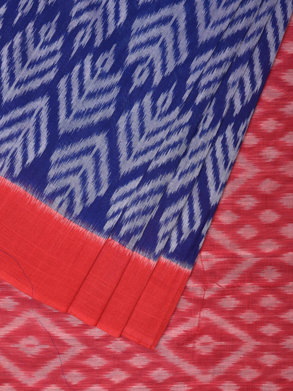 Blue and Red Pochampally Ikat Cotton Handloom Saree with All Over Design - Global Threads