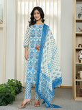 Yufta Blue And White Ethnic Motifs Straight Kurta Trouser Dupatta Set