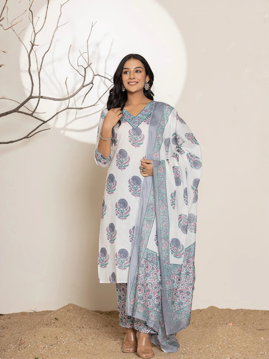 Yufta Blue & White Floral Print Cotton Straight Kurta Dupatta Set