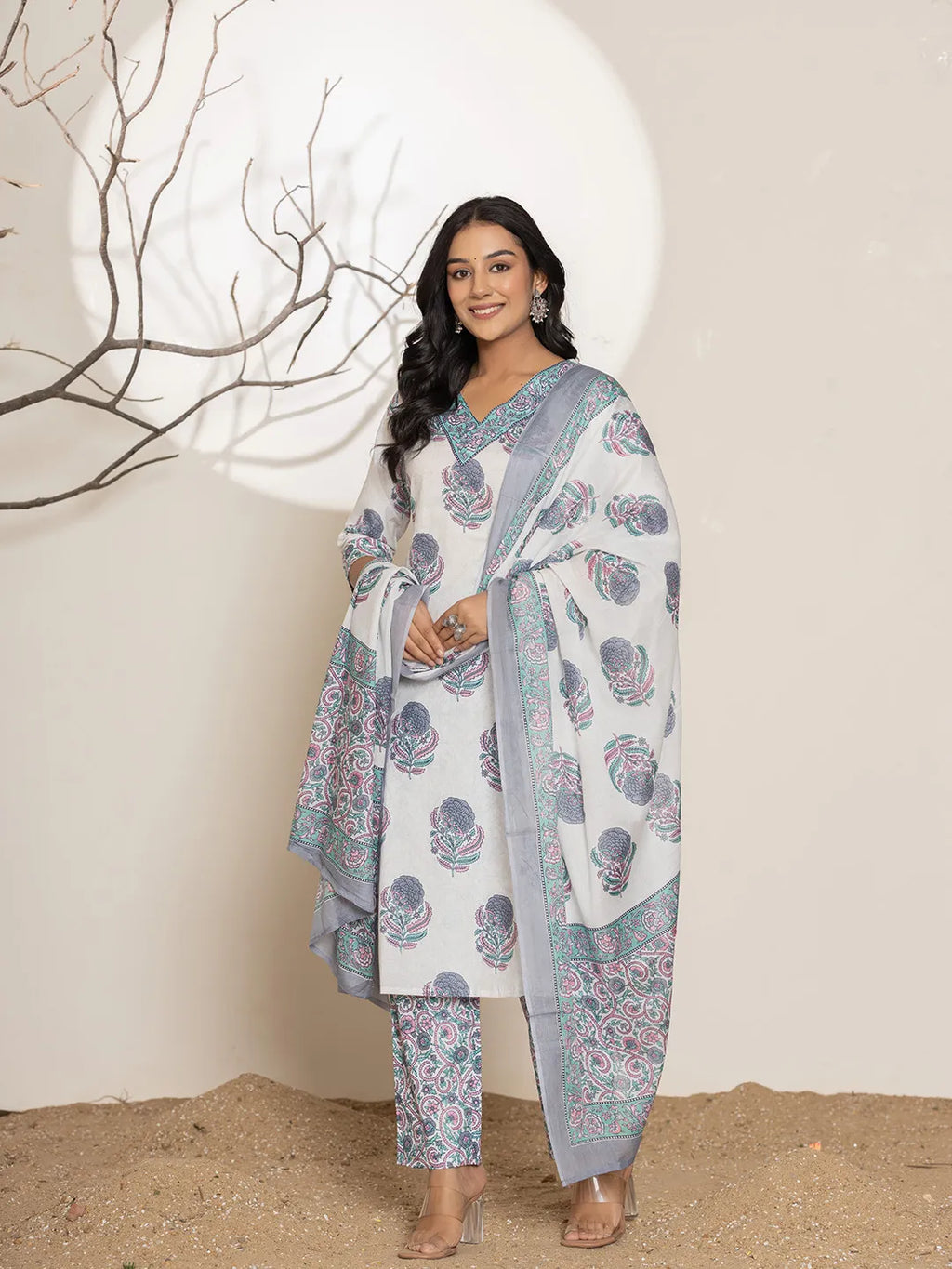 Yufta Blue & White Floral Print Cotton Straight Kurta Dupatta Set