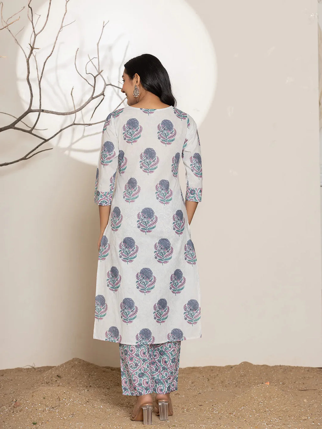 Yufta Blue & White Floral Print Cotton Straight Kurta Dupatta Set
