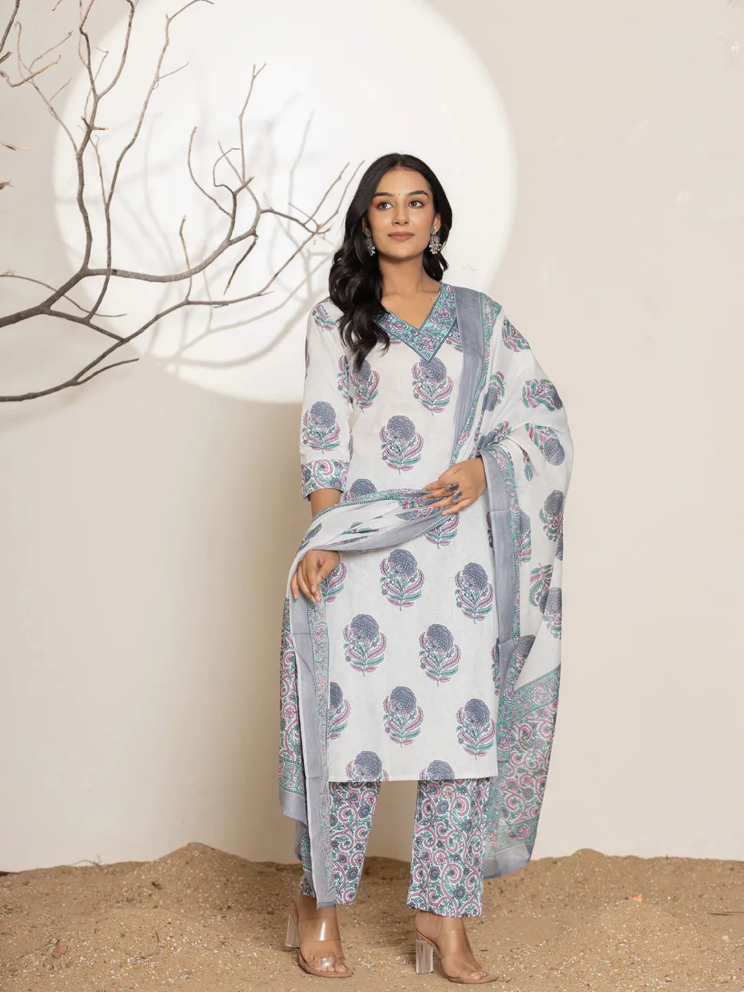 Yufta Blue & White Floral Print Cotton Straight Kurta Dupatta Set