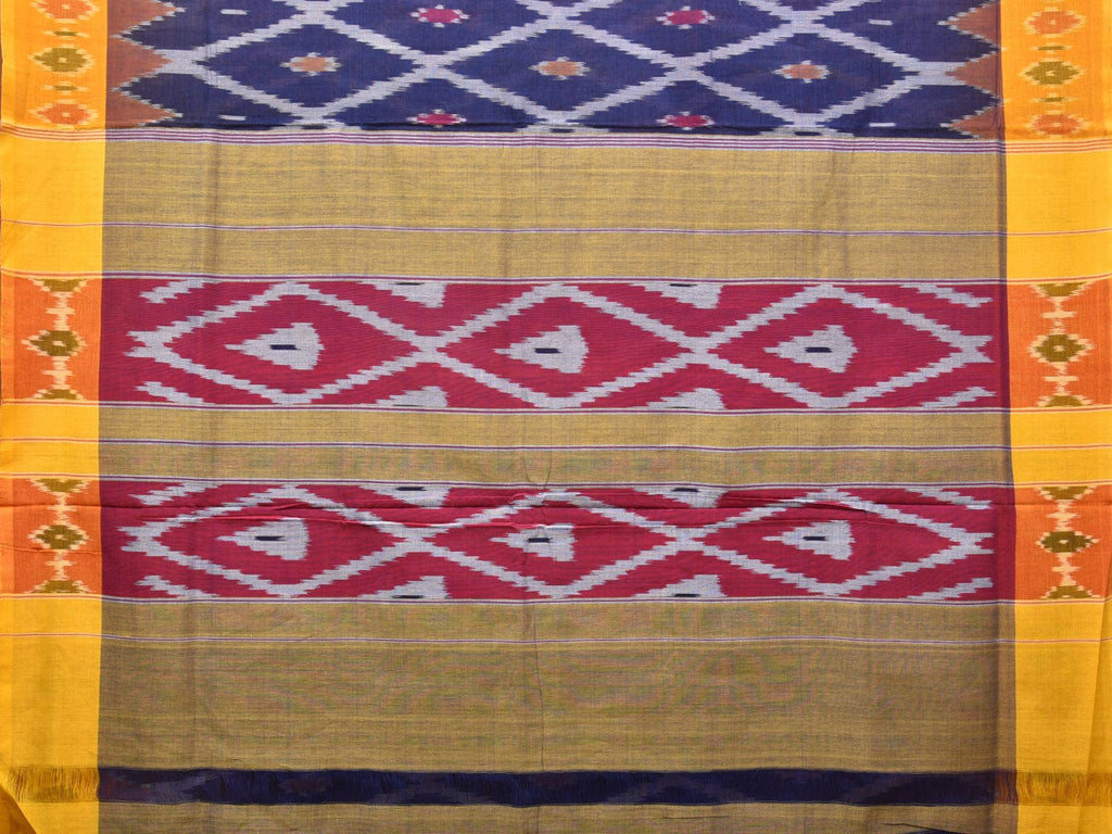 Blue and Yellow Pochampally Ikat Cotton Handloom Saree with Grill Design No Blouse - Global Threads
