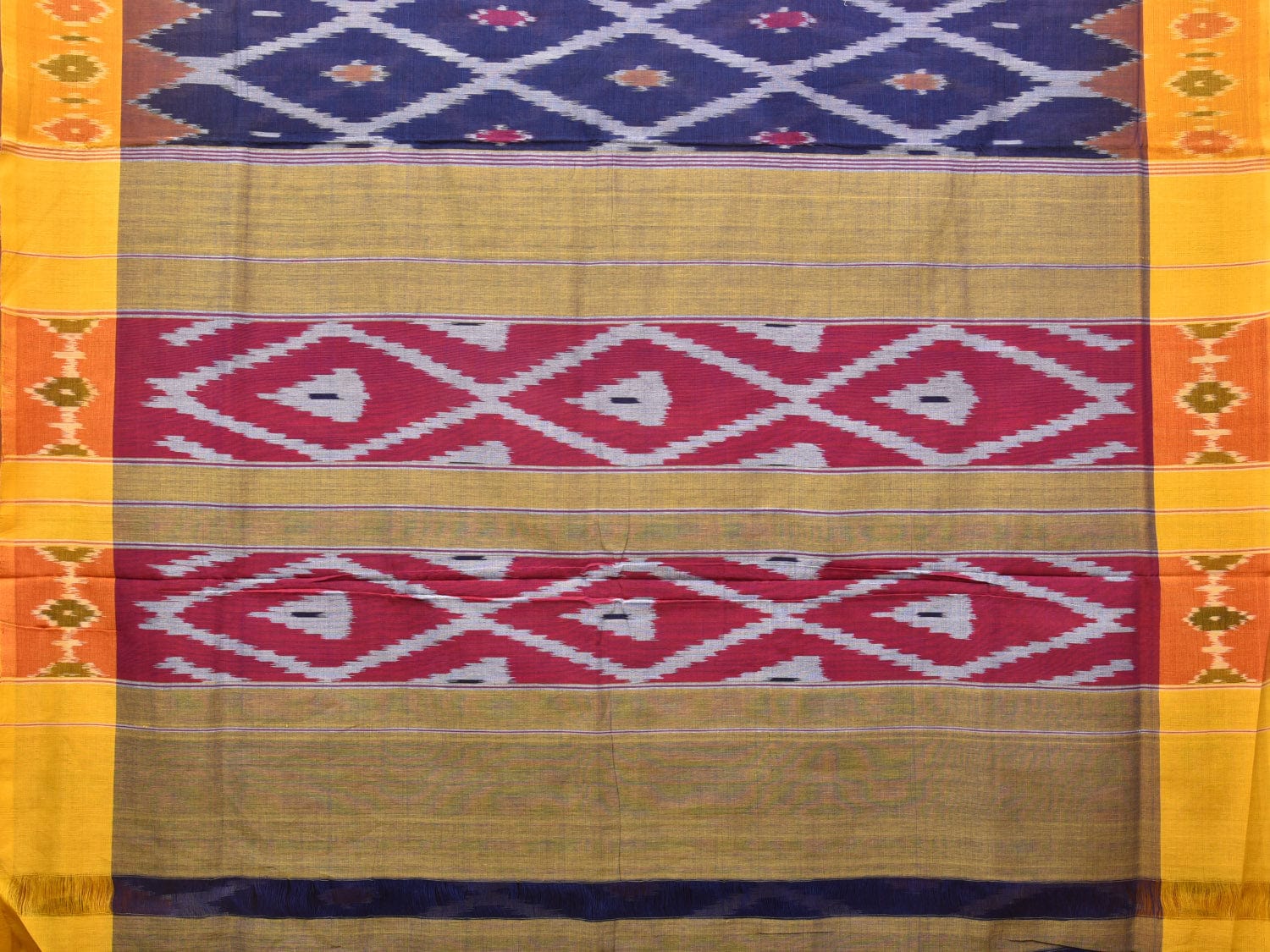 Blue and Yellow Pochampally Ikat Cotton Handloom Saree with Grill Design No Blouse - Global Threads