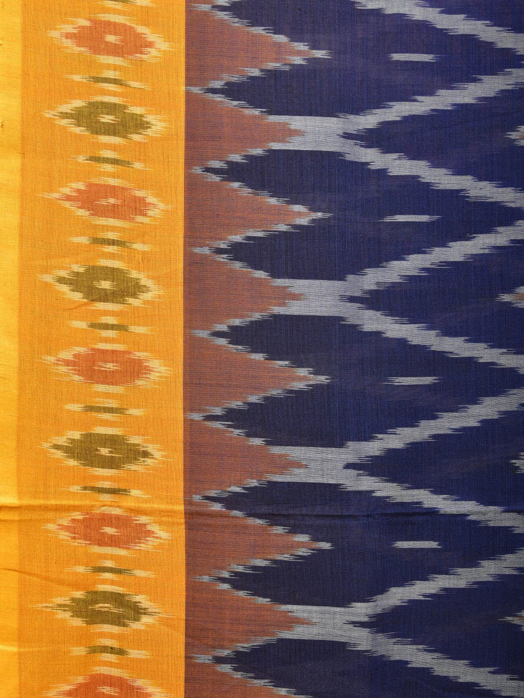 Blue and Yellow Pochampally Ikat Cotton Handloom Saree with Grill Design No Blouse - Global Threads