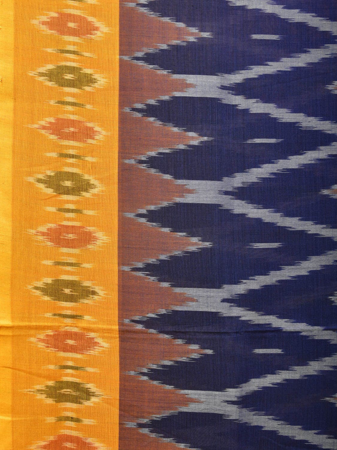 Blue and Yellow Pochampally Ikat Cotton Handloom Saree with Grill Design No Blouse - Global Threads