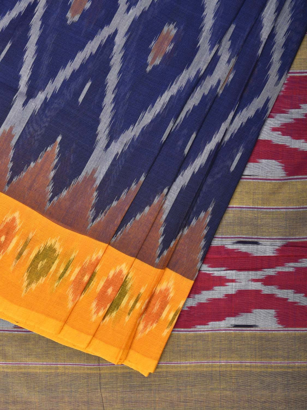 Blue and Yellow Pochampally Ikat Cotton Handloom Saree with Grill Design No Blouse - Global Threads