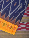 Blue and Yellow Pochampally Ikat Cotton Handloom Saree with Grill Design No Blouse - Global Threads