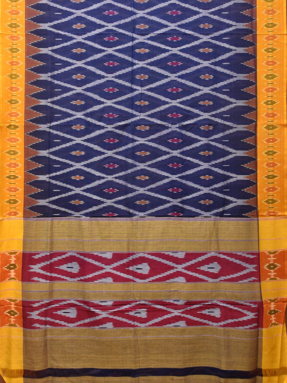 Blue and Yellow Pochampally Ikat Cotton Handloom Saree with Grill Design No Blouse - Global Threads