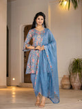 Yufta Blue Cotton Beads And Stones A-Line Gathers Kurta And Dhoti Pants With Dupatta Set