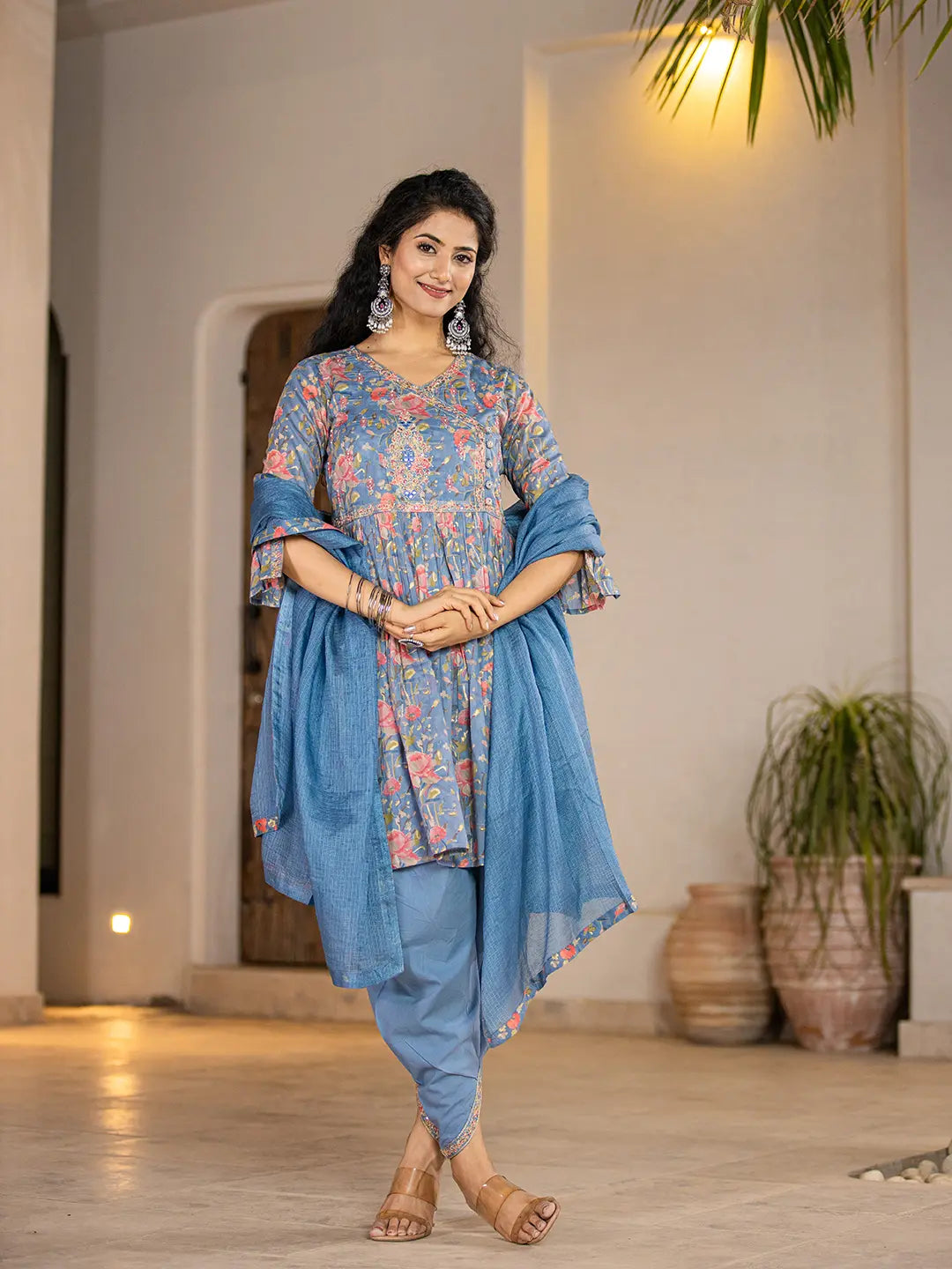 Yufta Blue Cotton Beads And Stones A-Line Gathers Kurta And Dhoti Pants With Dupatta Set