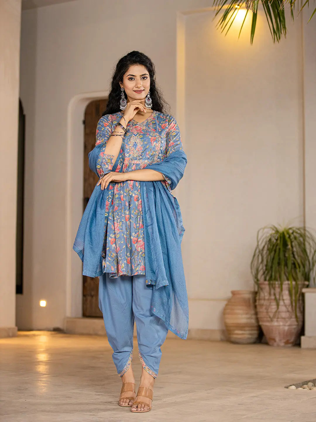 Yufta Blue Cotton Beads And Stones A-Line Gathers Kurta And Dhoti Pants With Dupatta Set