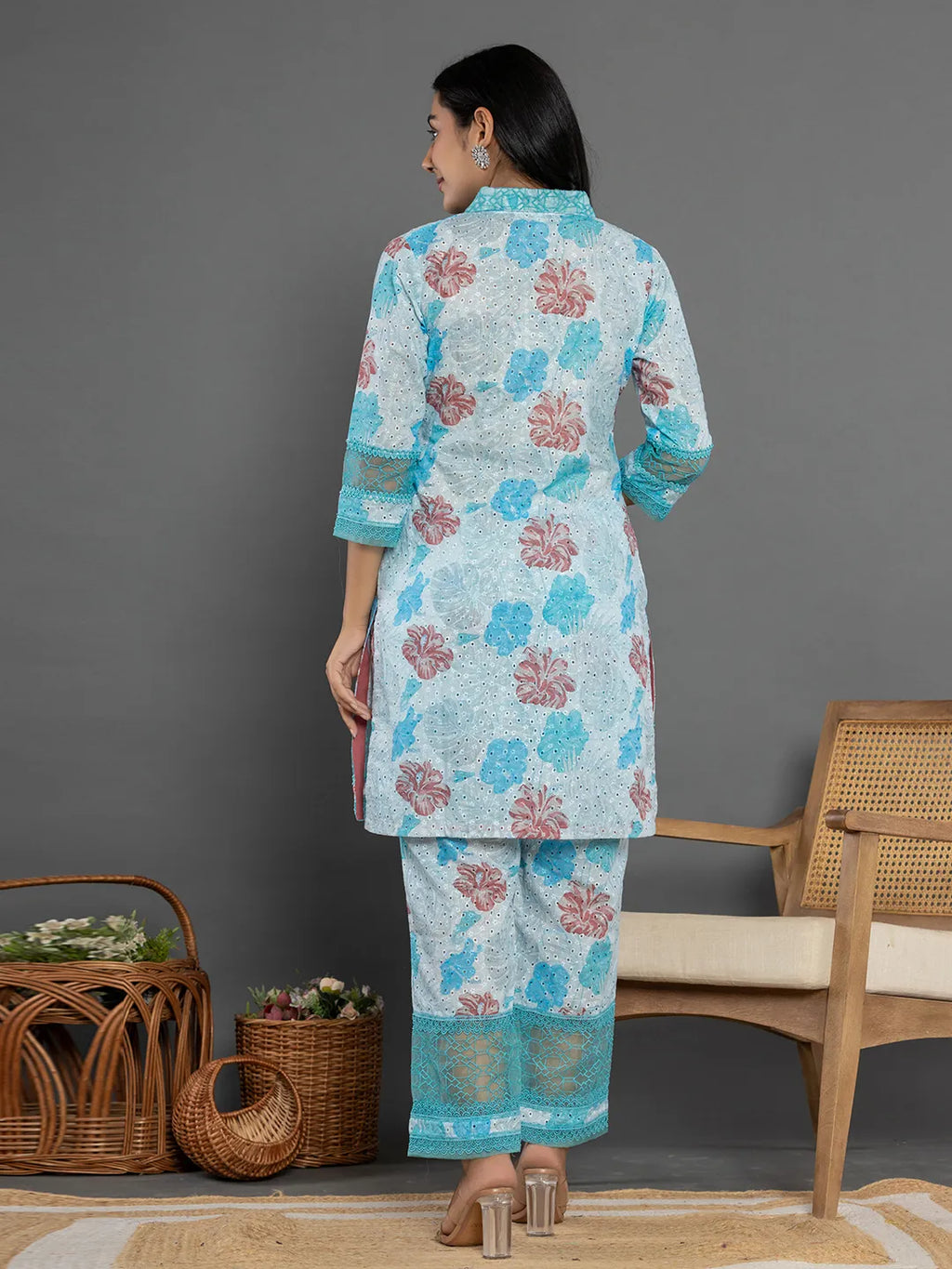 Yufta Blue Cotton Schiffli Co-Ord Set With Lace Detailing