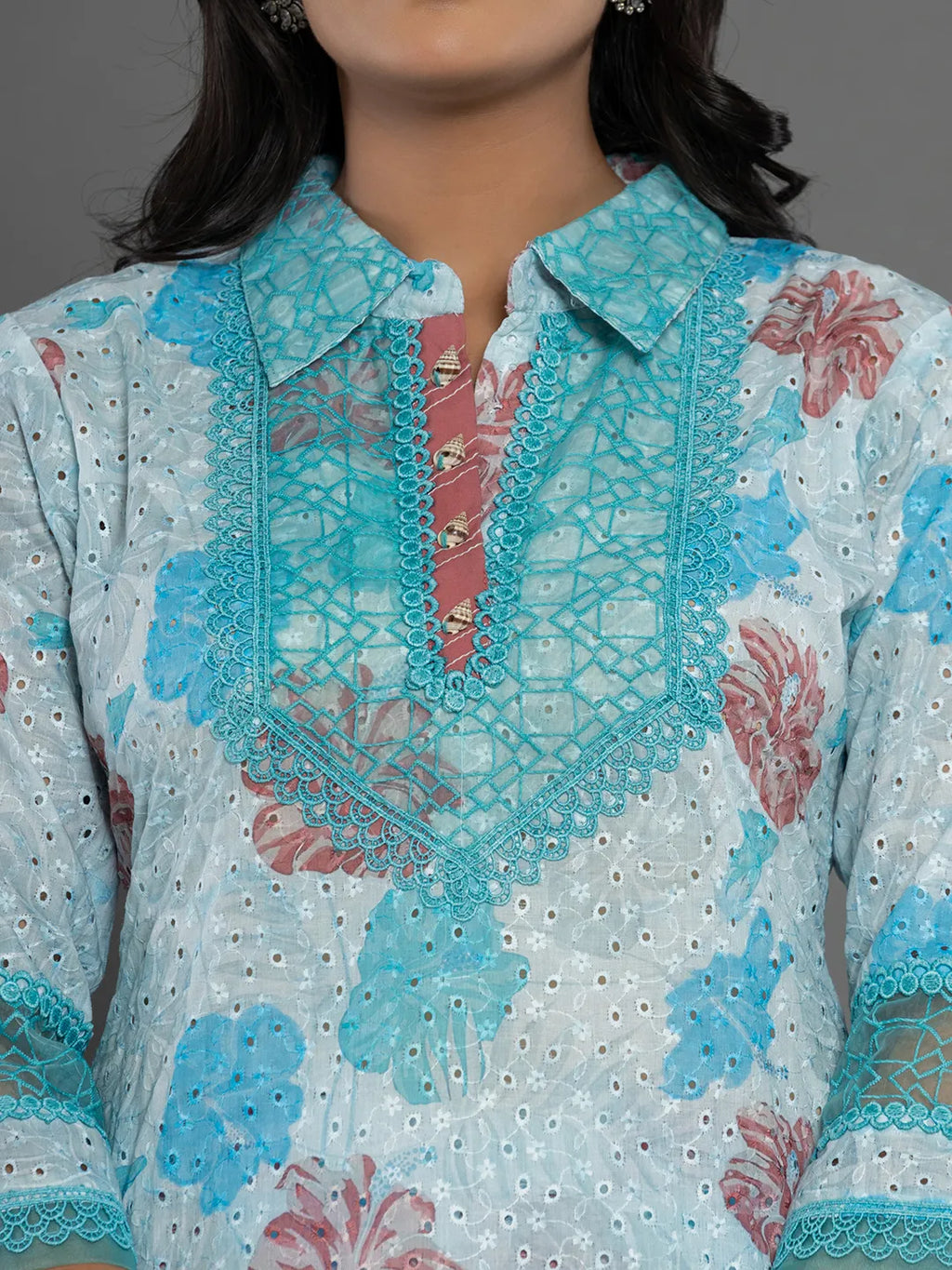 Yufta Blue Cotton Schiffli Co-Ord Set With Lace Detailing