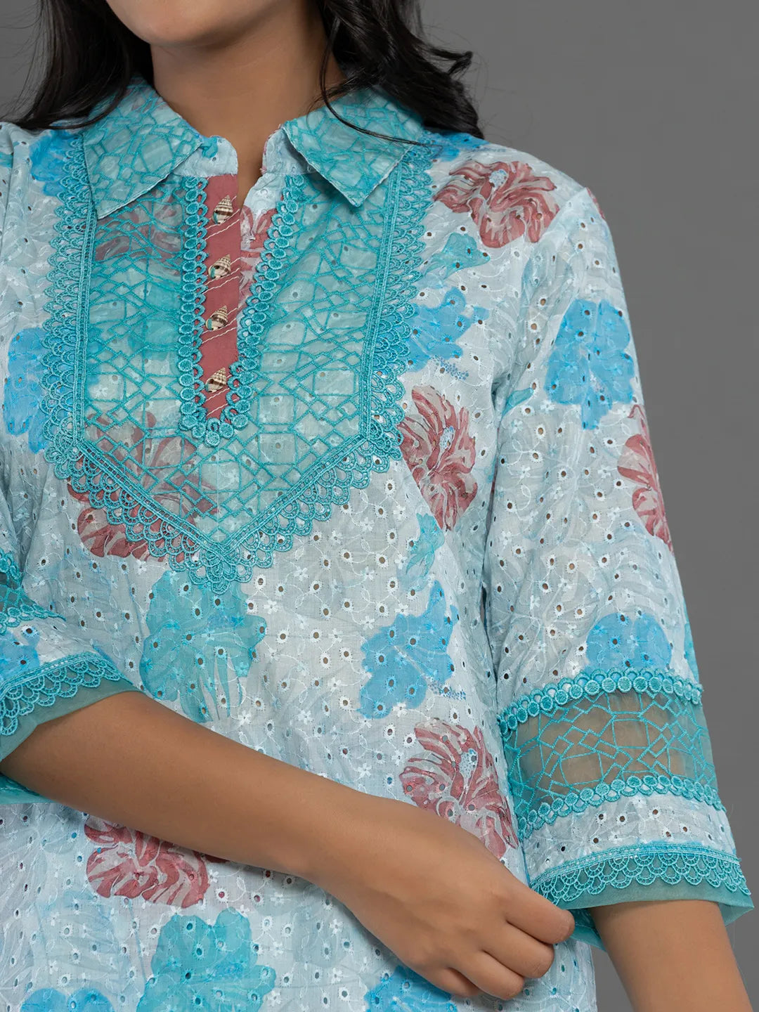 Yufta Blue Cotton Schiffli Co-Ord Set With Lace Detailing