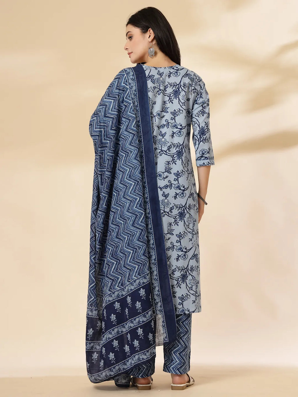 Yufta Blue Floral Sequins-Work Pure Cotton Kurta Dupatta Pant Set