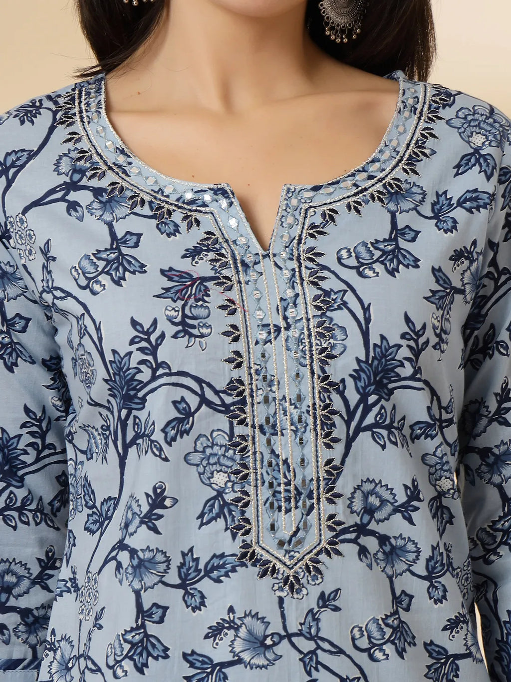Yufta Blue Floral Sequins-Work Pure Cotton Kurta Dupatta Pant Set