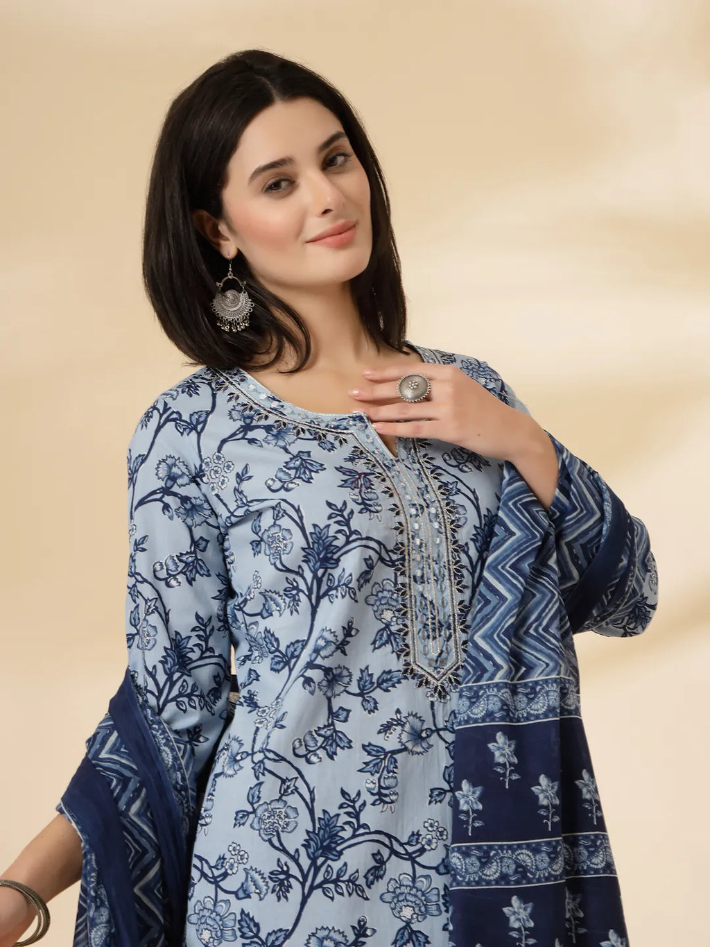 Yufta Blue Floral Sequins-Work Pure Cotton Kurta Dupatta Pant Set