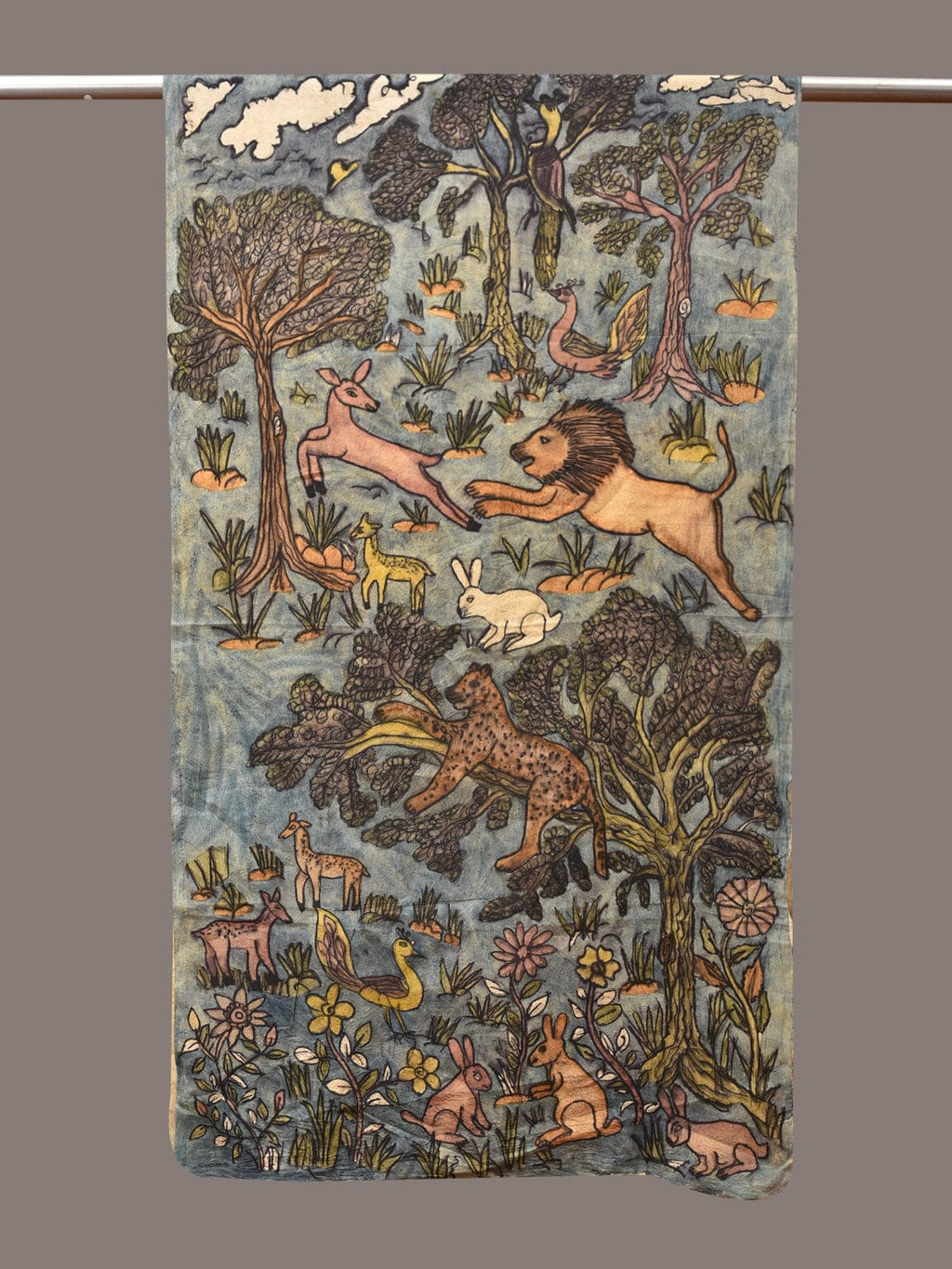 Blue Kalamkari Hand Painted Sico Stole with Animals Design - Global Threads