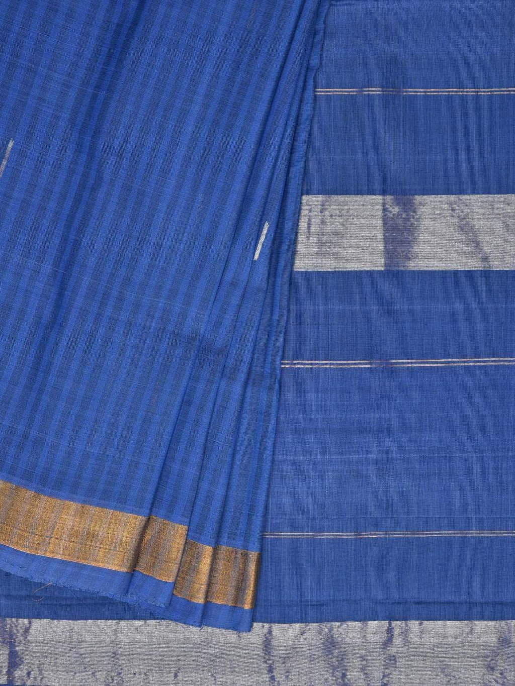 Blue Khadi Cotton Handloom Saree with Zari Strips Design - Global Threads