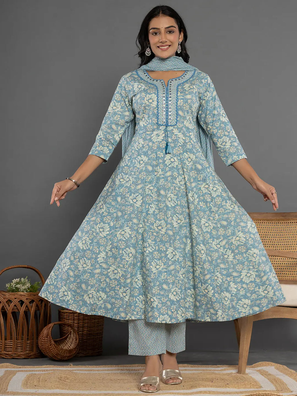 Yufta Blue Mirror_Work Cotton Anarkali Kurta Duppta Set
