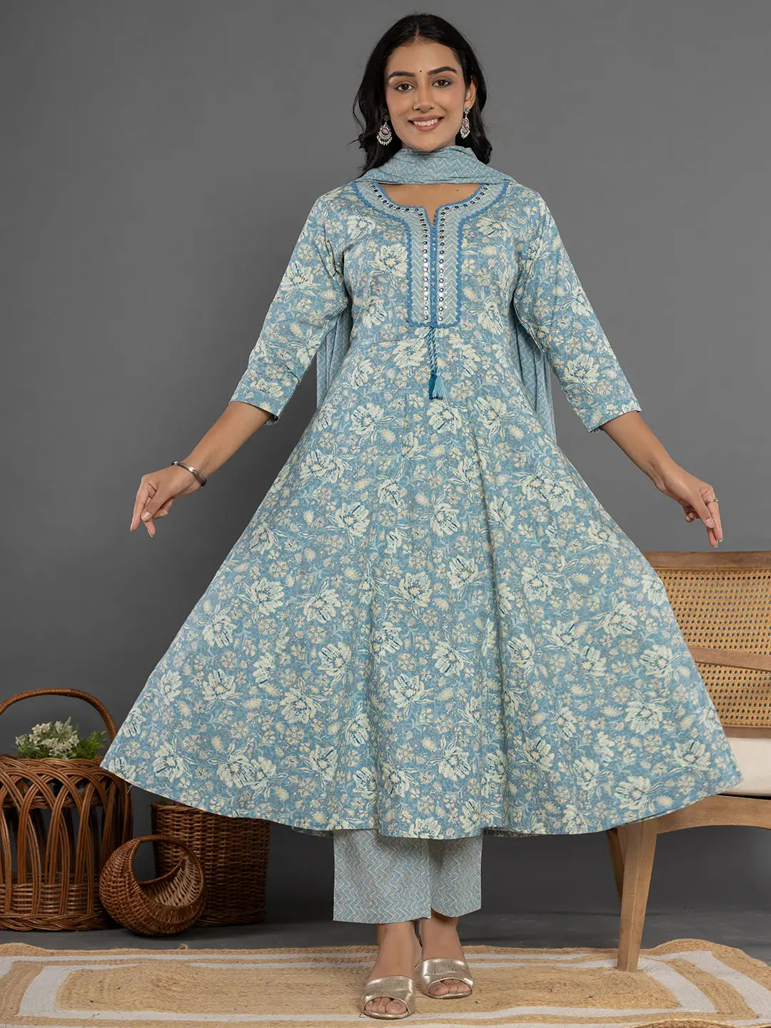 Yufta Blue Mirror_Work Cotton Anarkali Kurta Duppta Set