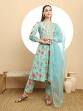 Yufta Blue Printed Silk Embroidered Kurta Dupatta Set