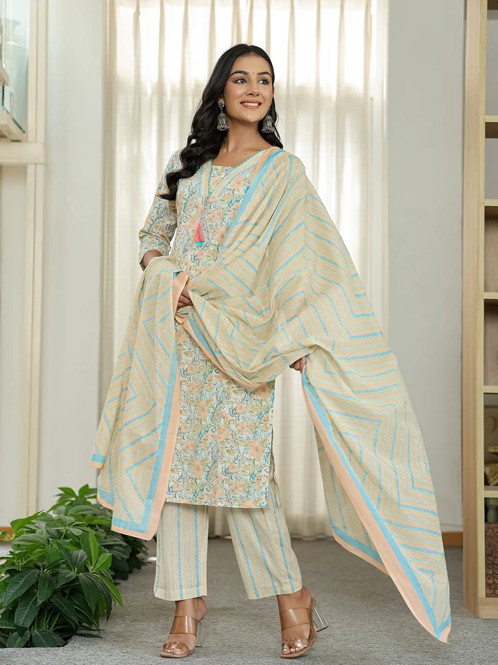 Yufta Blue Pure Cotton Floral Print Kurta Dupatta Pant Set