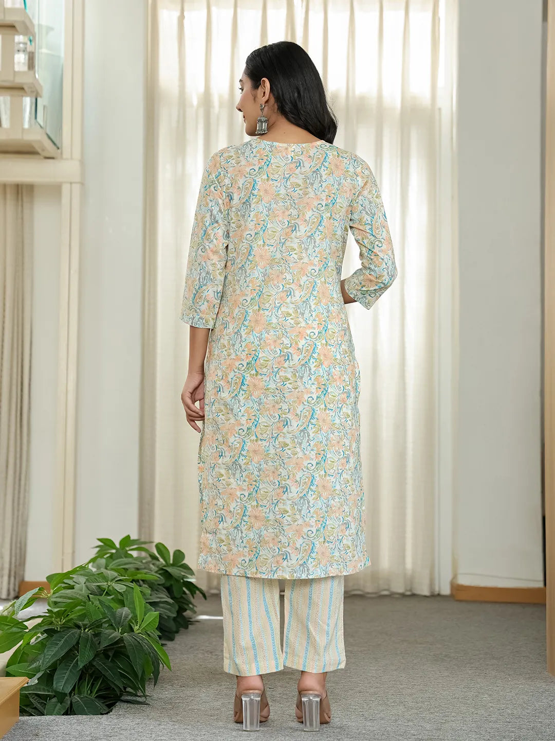 Yufta Blue Pure Cotton Floral Print Kurta Dupatta Pant Set