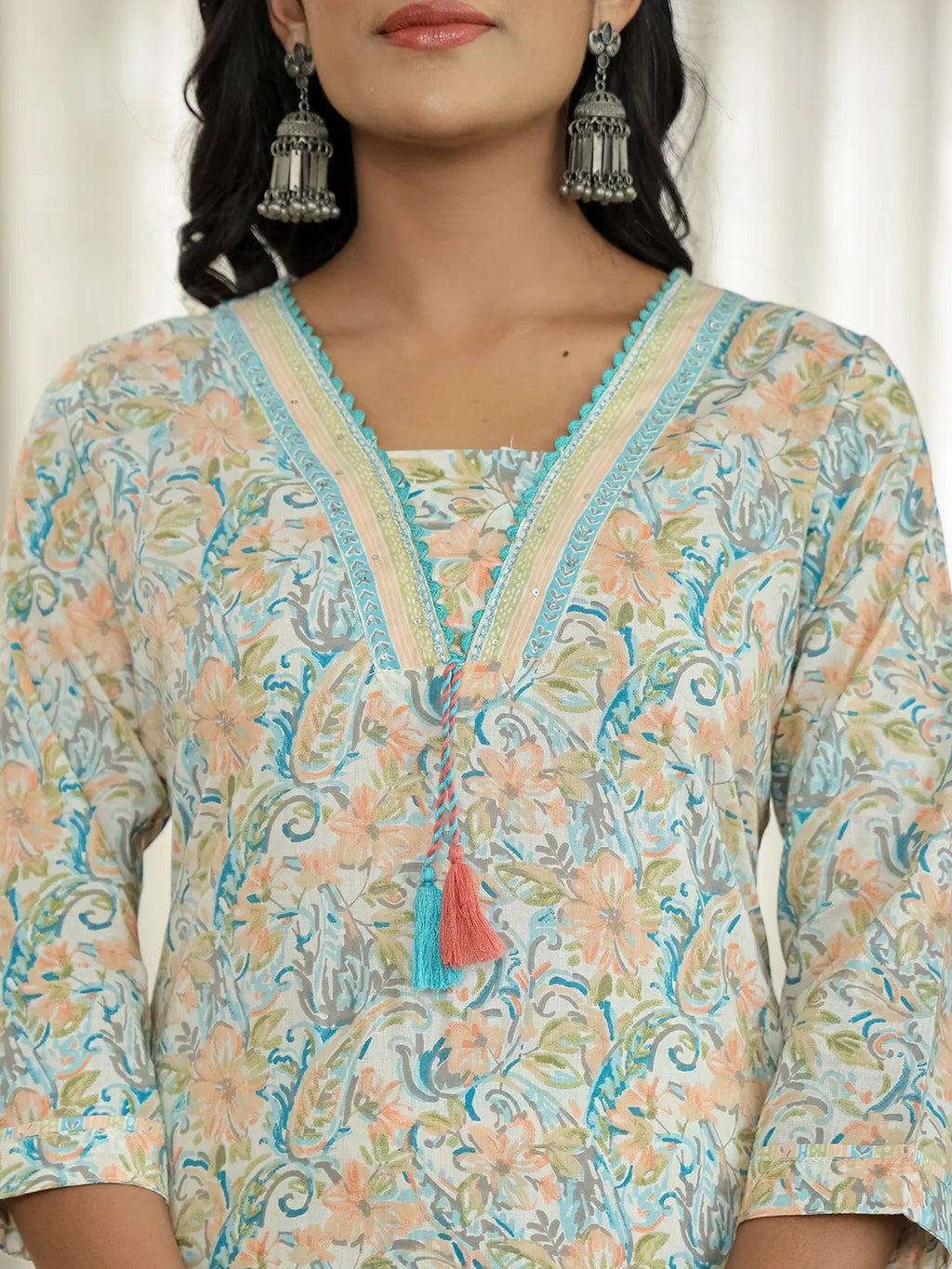 Yufta Blue Pure Cotton Floral Print Kurta Dupatta Pant Set