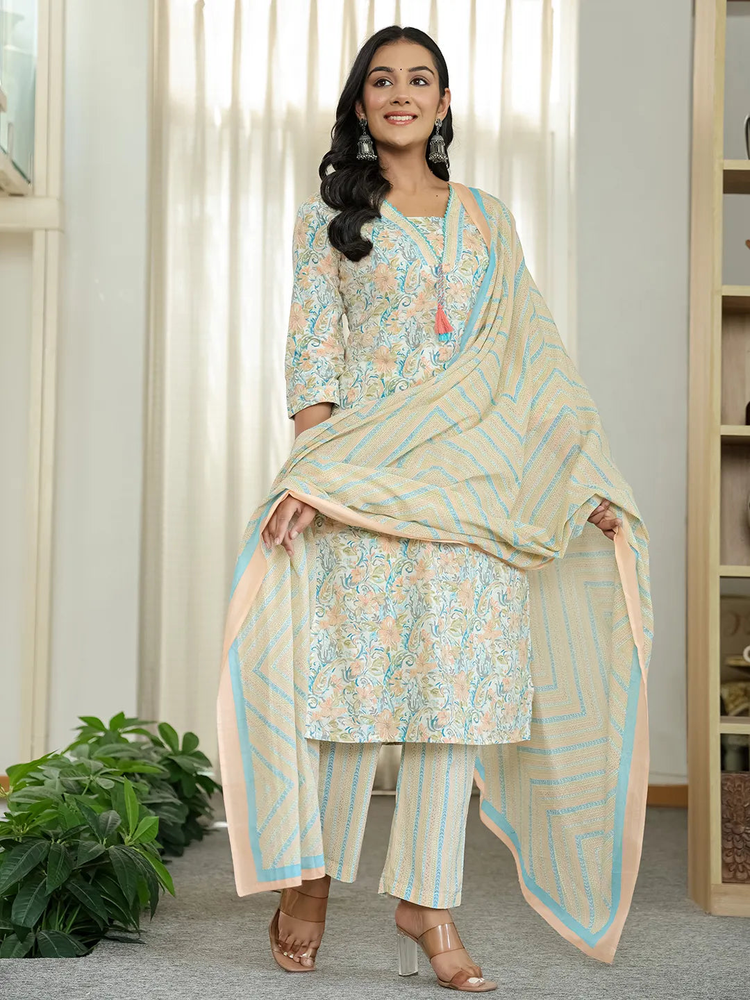 Yufta Blue Pure Cotton Floral Print Kurta Dupatta Pant Set