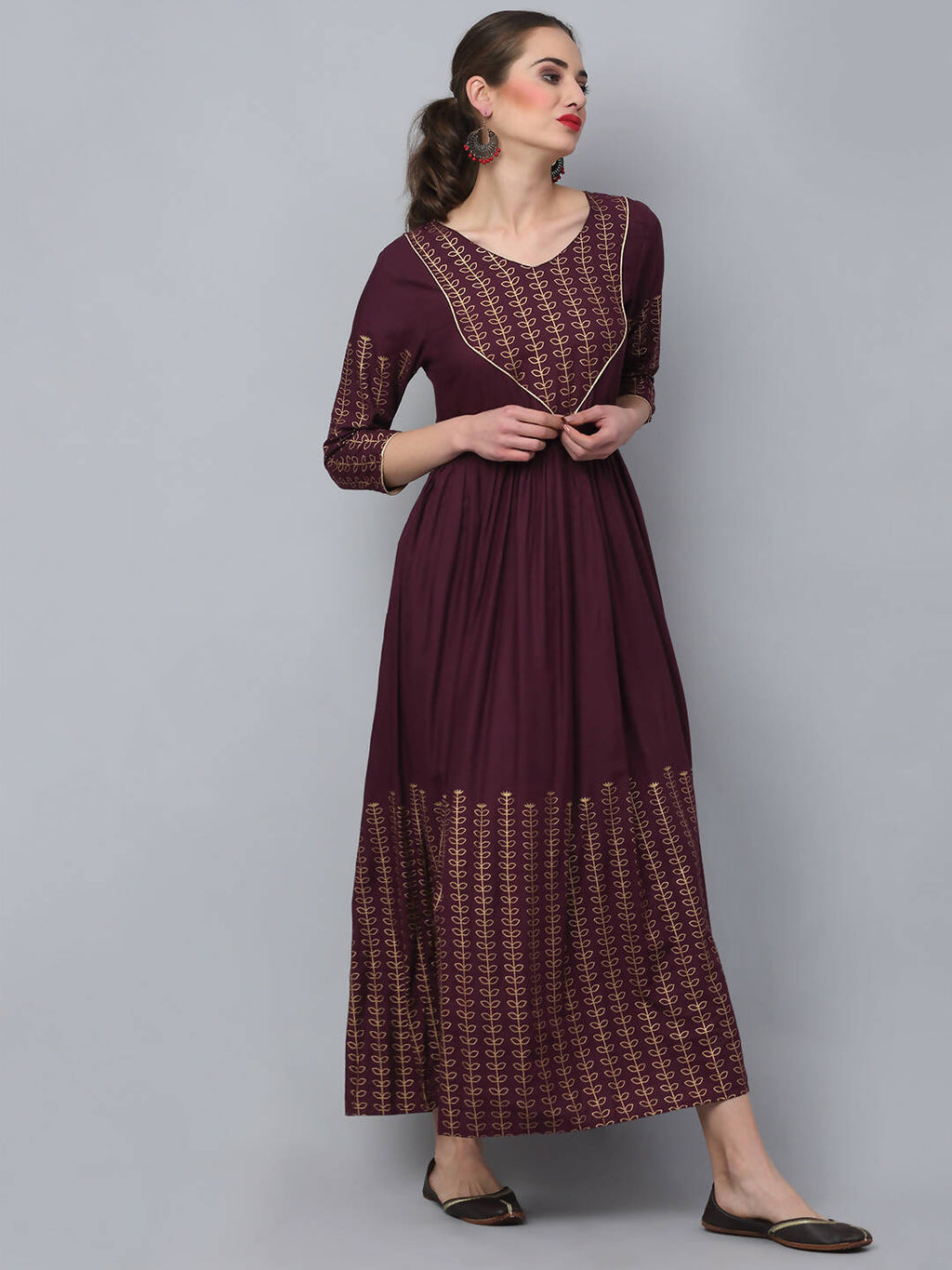 Rudra Bazaar Gold Printed A-Line Flared Brown Kurti