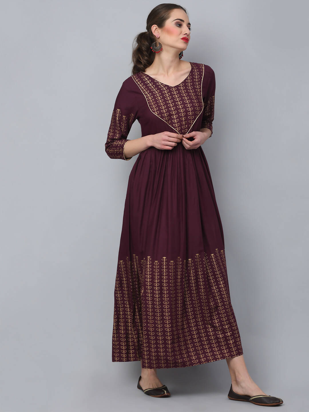 Rudra Bazaar Gold Printed A-Line Flared Brown Kurti