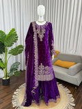 Vastranavya Purple Viscose Velvet Cording Sequence With Moti Work Top-Bottom With Dupatta