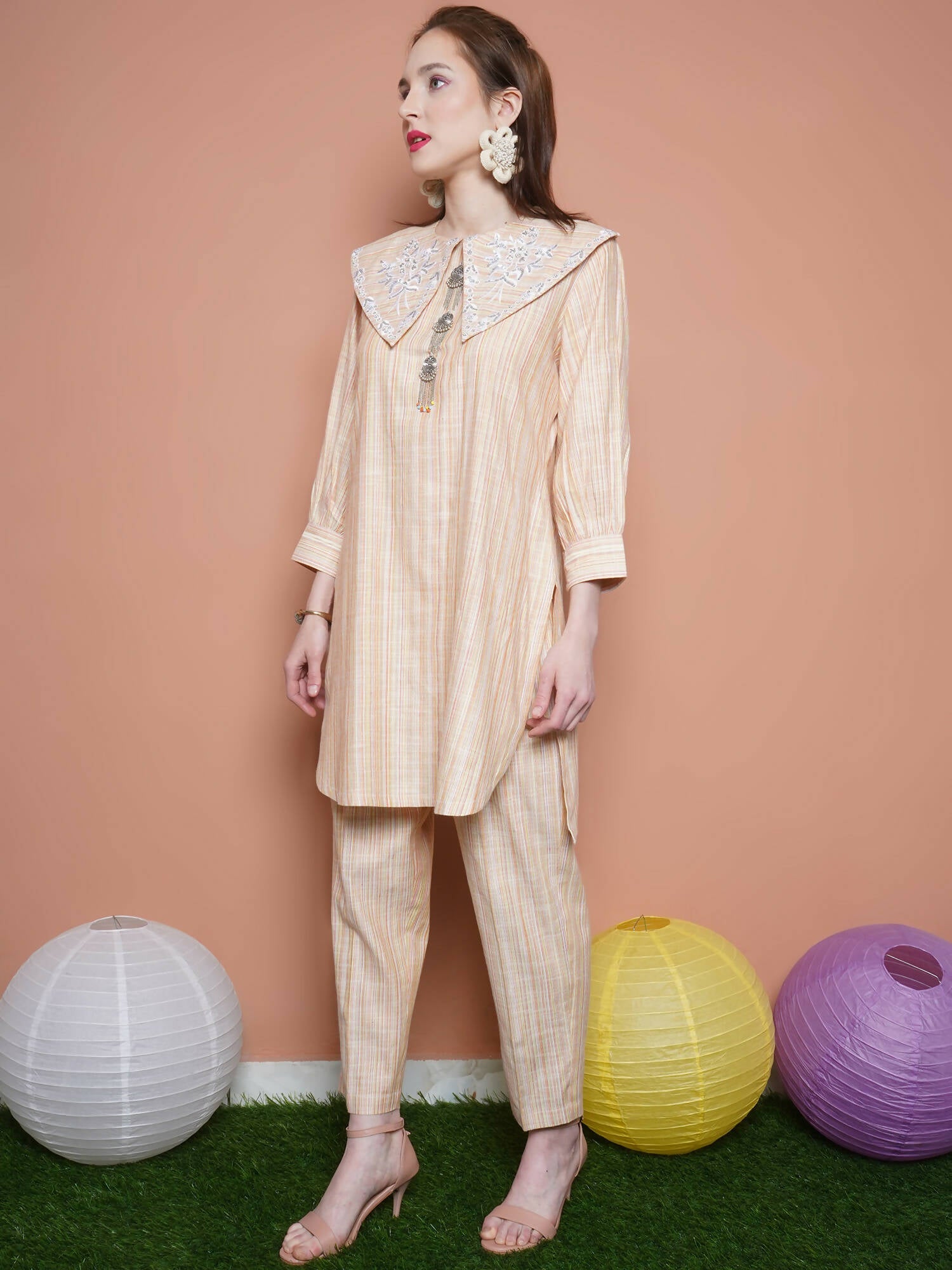 Women Republic Beige Striped Kurta Set