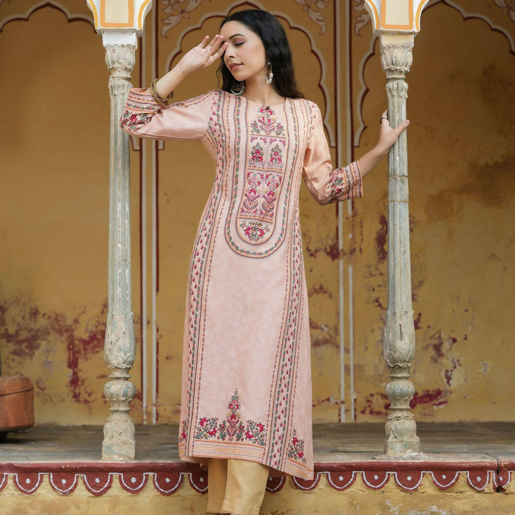 Juniper Women's Peach Rayon Staple Printed A-Line Kurta