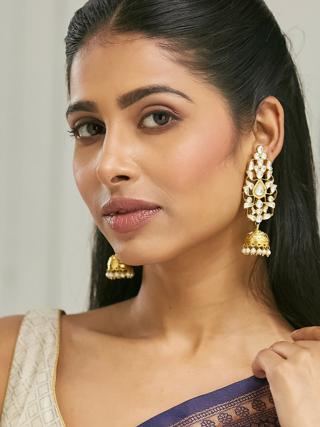 Nuyug 22K Gold-Plated Regal Kundan Stone Studded & Pearl Drop Jhumkas