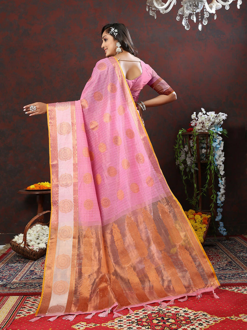 Lorenvalley Fashion Pink Cotton with Woven Design Zari Weaving Saree