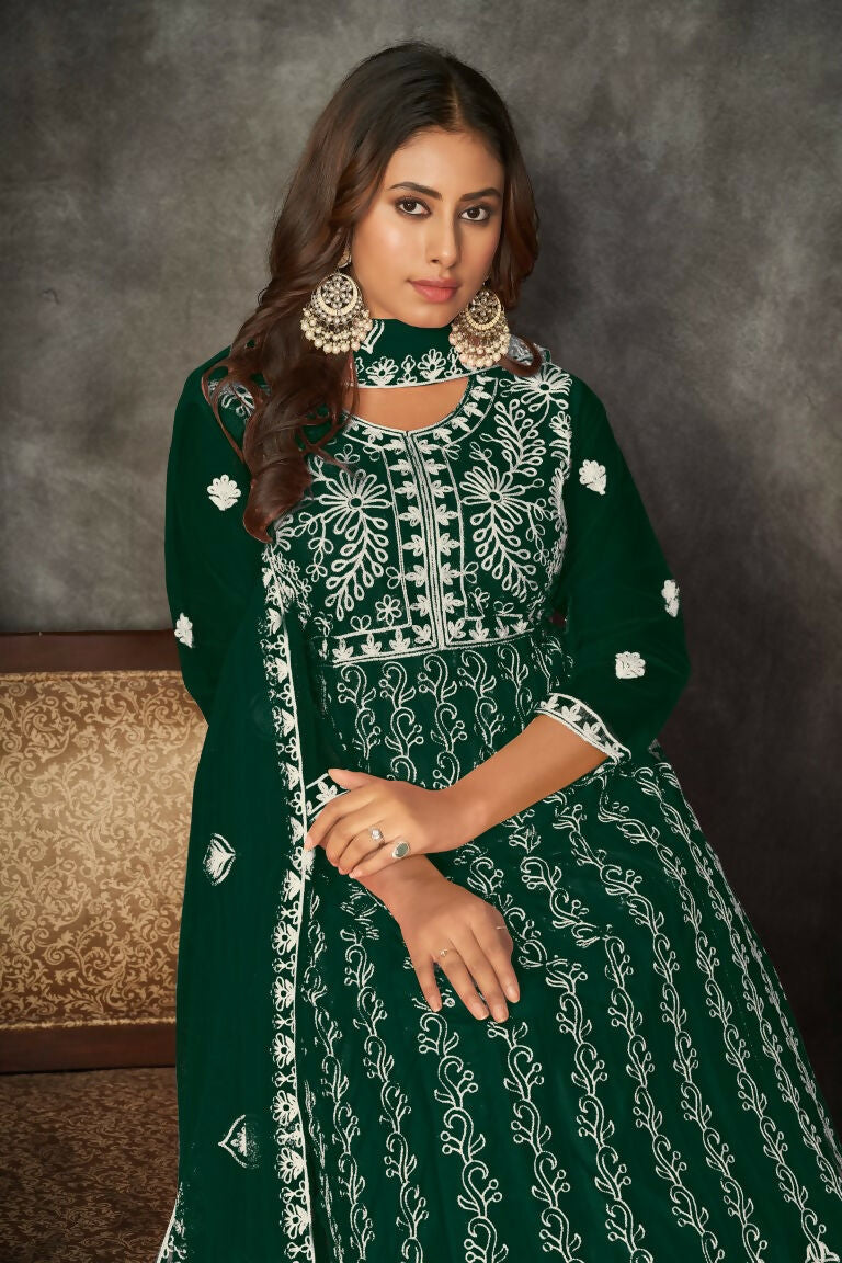 Jyoti Fashion Women's Green Net Embroidered Anarkali Kurta Pant Set With Dupatta