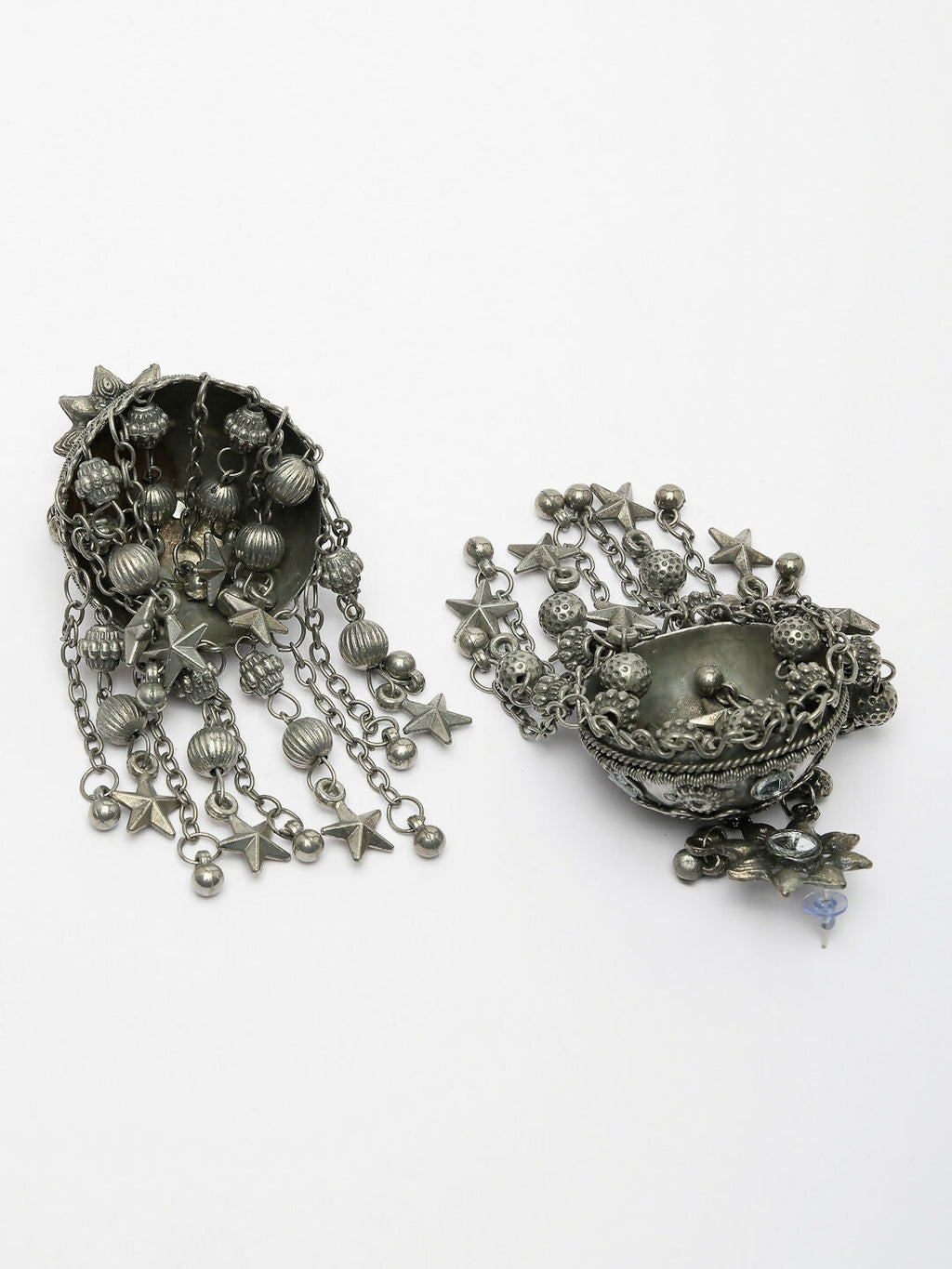 NVR Women's Silver Plated Mirror Work Oxidised Contemporary Jhumka Earrings